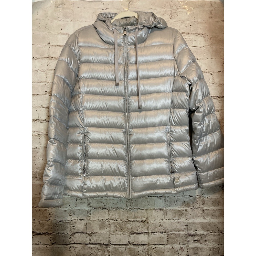 Calvin‎ Klein Puffer Jacket Women Large Silver Hooded Packable Duck Down Zip Up